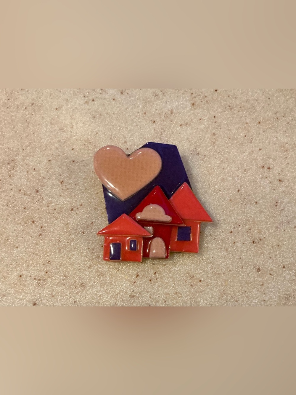 Enamel Heart & Houses Pin - Peach, Purple, Red-Orange